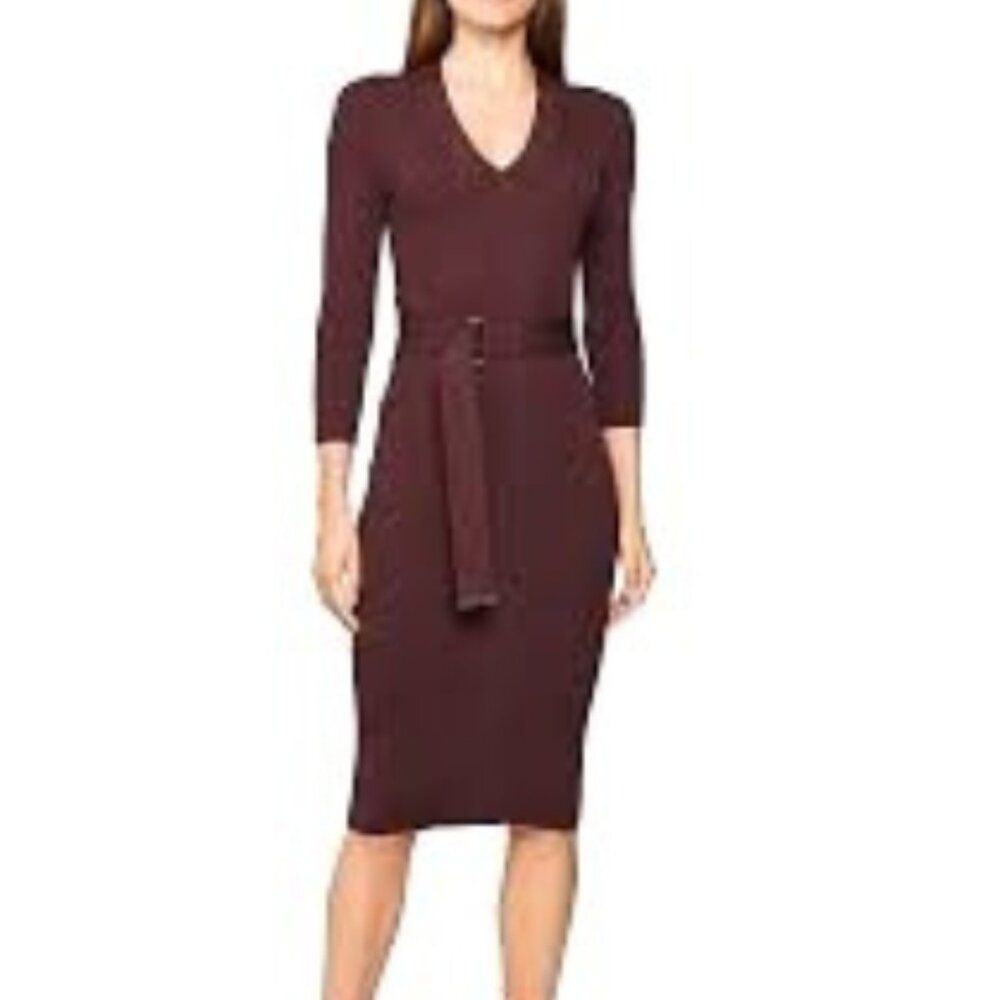 Calvin Klein Ribbed Knit Belted Sweater Bodycon Dress Women Size S Brown V-Neck